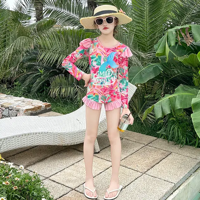 木木兔 时髦洋气时尚女孩防晒长袖显瘦泳衣裤 儿童款