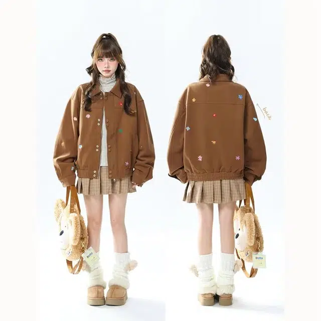 木木兔 潮流时尚秋季女装外套 小花翻领美式复古短款百搭情侣款夹克 女款