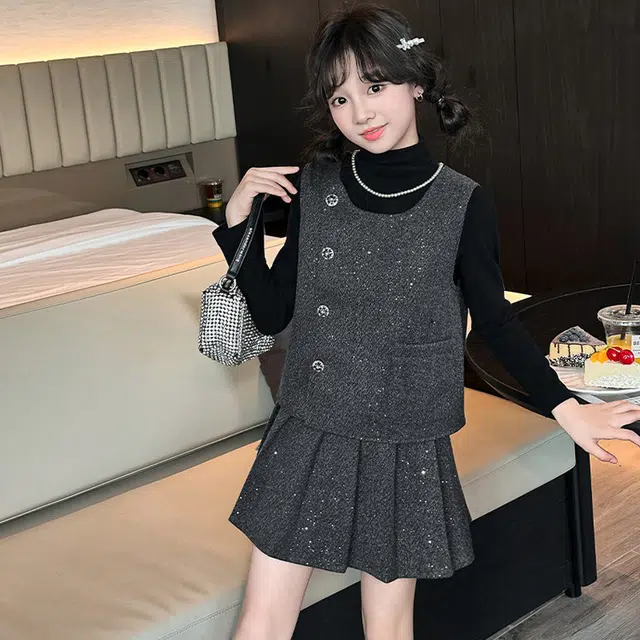 儿童款 木木兔裙装套装 时髦洋气秋季女童裙子 大童 小香风蝴蝶结三件套 柔软百搭潮流青春时尚