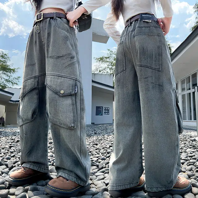 木木兔 牛仔裤  时髦洋气夏季工装裤休闲百搭中大童男女孩宽松舒适直筒裤