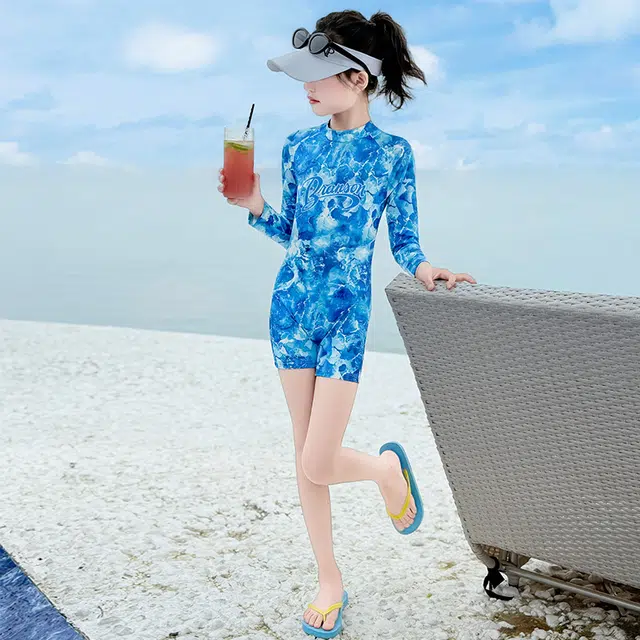 木木兔 夏季时髦洋气时尚女孩中大童初中生游泳学生少女度假风连体泳装泳衣裤 儿童款