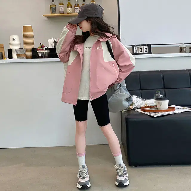 木木兔夹克 潮流时尚女童秋季外套 学生百搭休闲 美式字母大口袋宽松连帽 初中生 时髦女孩洋气 青少年