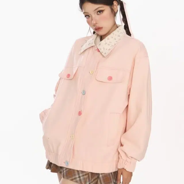 木木兔 潮流时尚秋季女装 小碎花翻领设计感彩色扣宽松百搭夹克上衣牛仔外套 女款