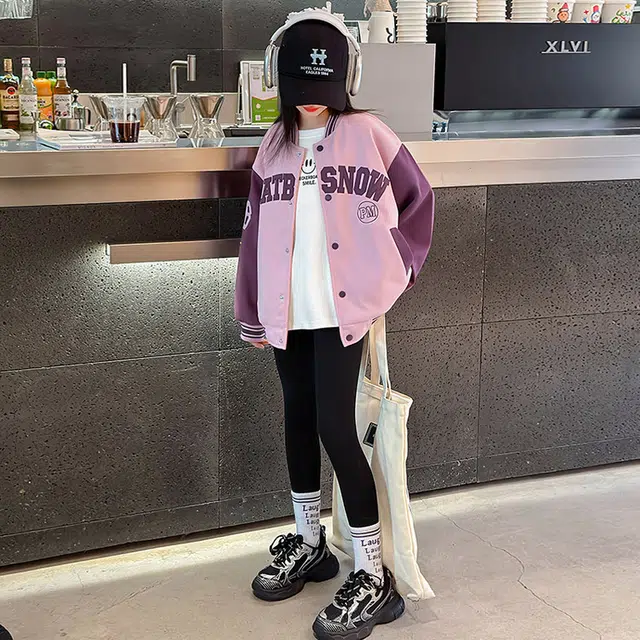 木木兔 棒球服 青春时尚女童外套学院风 宽松舒适 秋季简约百搭 拼色休闲运动字母 潮流洋气 青少年