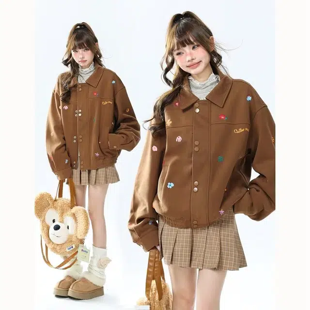 木木兔 潮流时尚秋季女装外套 小花翻领美式复古短款百搭情侣款夹克 女款