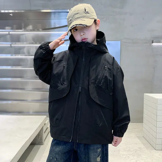 木木兔夹克 潮流时尚男童秋季外套 潮酷百搭时髦洋气宽松舒适街头风 大童男孩工装连帽 青少年