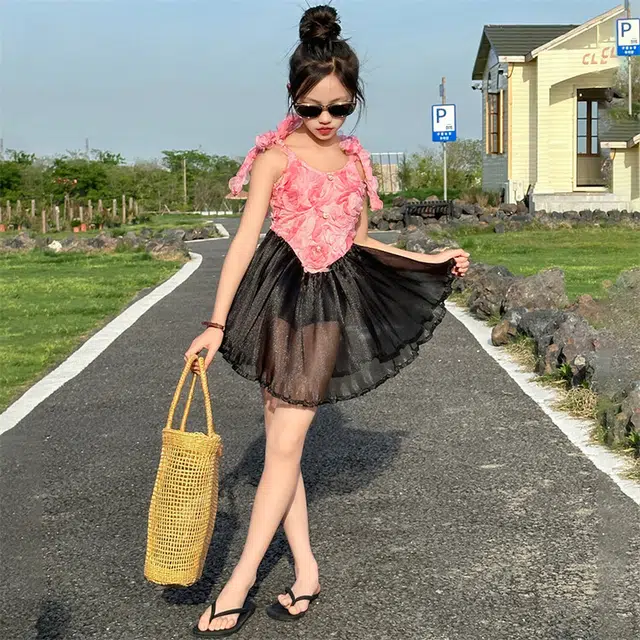 木木兔 夏季时髦洋气时尚女孩速干泳装立体大花朵荷叶裙摆游泳泳衣裤 儿童款