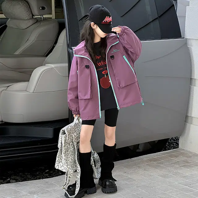 木木兔夹克 潮流时尚女童秋季外套 学生百搭休闲 工装风 户外防风 宽松连帽 中大童初中生 女孩时髦洋气 青少年