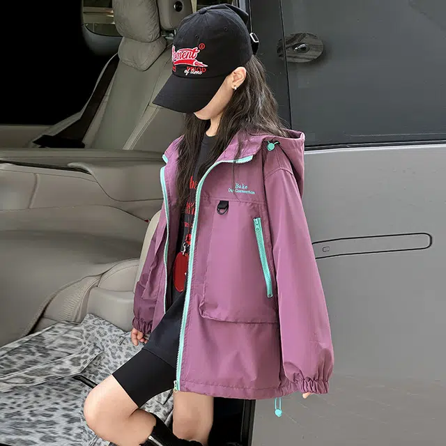 木木兔夹克 潮流时尚女童秋季外套 学生百搭休闲 工装风 户外防风 宽松连帽 中大童初中生 女孩时髦洋气 青少年