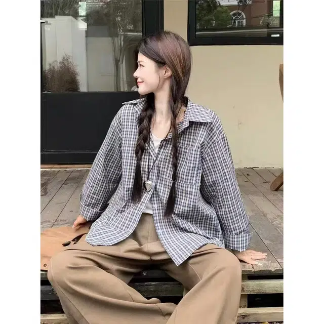 木木兔 潮流时尚  秋季外套  大码情侣装 休闲宽松 日常穿搭 格子春秋衬衣高级感上衣衬衫  男女同款