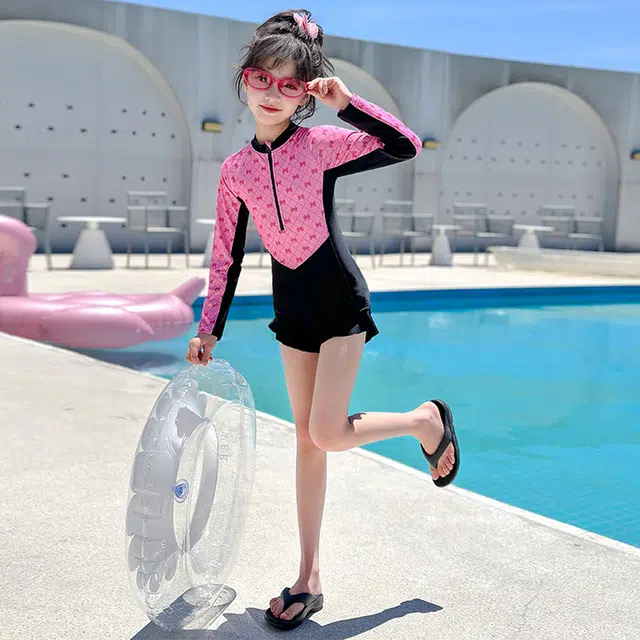 木木兔 夏季时髦洋气时尚女孩中大童初中生游泳学生少女连体长袖泳装泳衣裤 儿童款