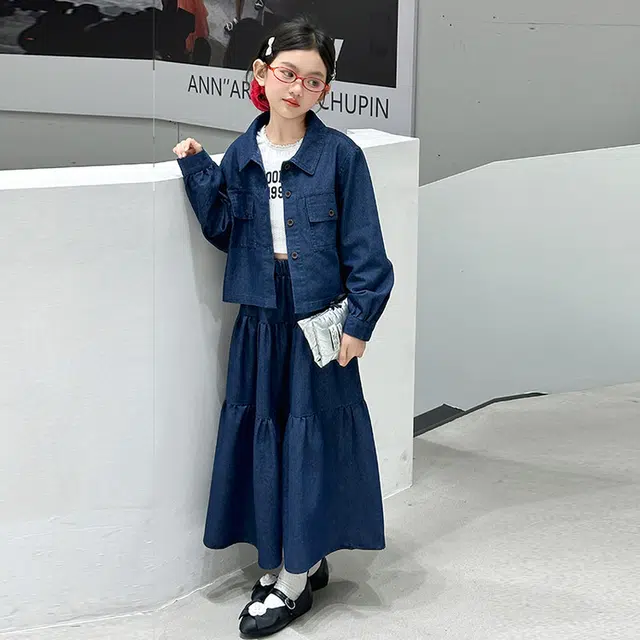 儿童款 木木兔裙装套装 时髦洋气秋季女童裙子 大童 学院风牛仔裙两件套 柔软百搭潮流青春时尚