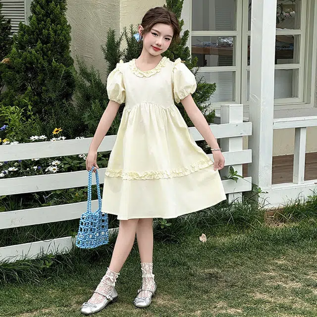 木木兔连衣裙 时髦洋气夏季薄款宽松舒适中大童时尚百搭女孩泡泡袖裙子