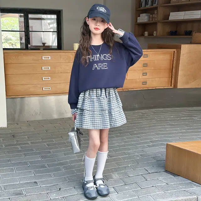 儿童款 木木兔裙装套装 时髦洋气秋季女童裙子 大童 学院风甜美格子裙两件套 柔软百搭潮流青春时尚