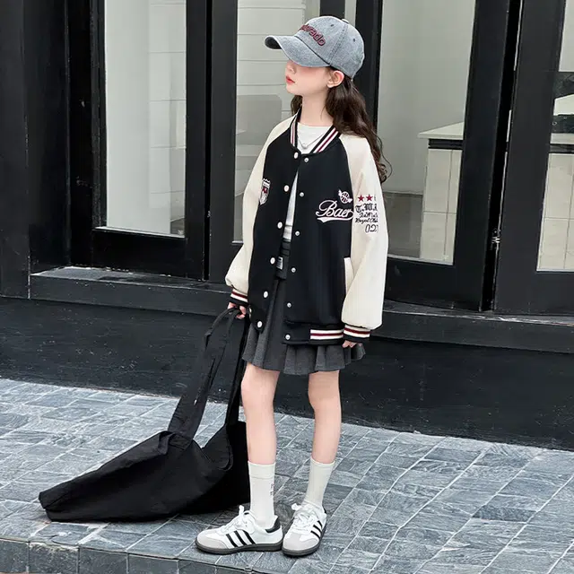 木木兔棒球服 青春潮流时尚女大童外套 潮范学院风宽松舒适秋季简约百搭休闲运动字母洋气 儿童款