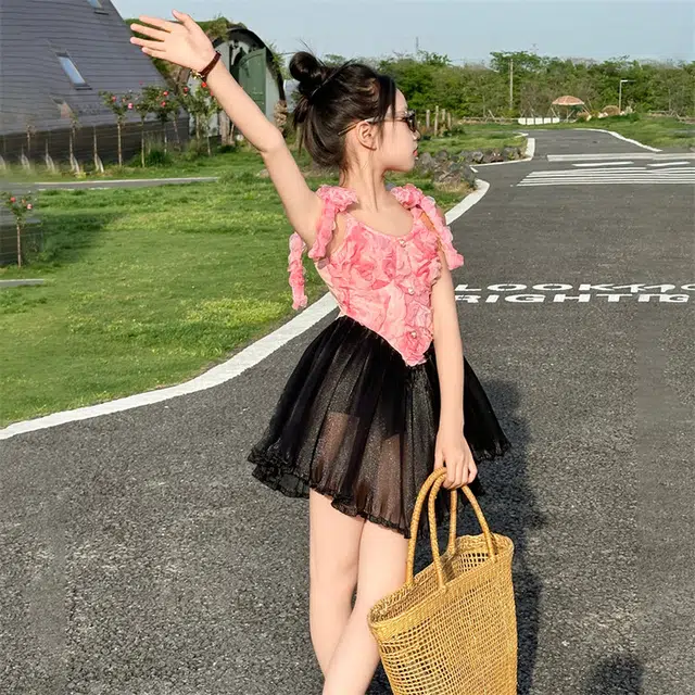 木木兔 夏季时髦洋气时尚女孩速干泳装立体大花朵荷叶裙摆游泳泳衣裤 儿童款