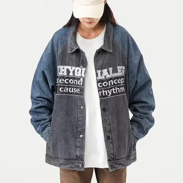 木木兔 潮流时尚秋季 大码 情侣装 拼接撞色夹克男宽松百搭翻领休闲牛仔外套 男女同款
