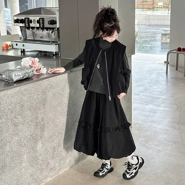 儿童款 木木兔裙装套装 时髦洋气秋季女童裙子 大童 学院风工装马甲花苞裙三件套 柔软百搭潮流青春时尚