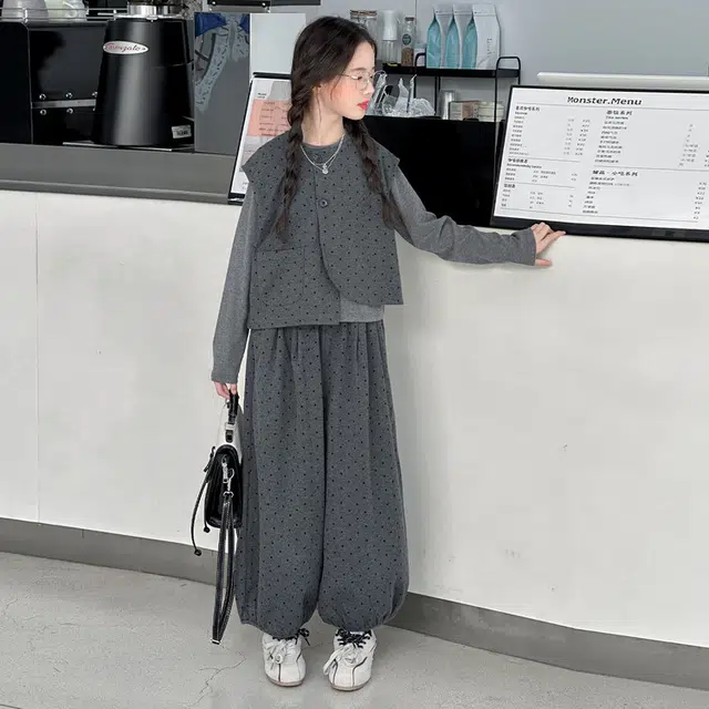 木木兔休闲运动套装 青春潮流时尚女大童秋季不规则马甲灯笼裤三件套 宽松百搭舒适潮酷时髦洋气 青少年