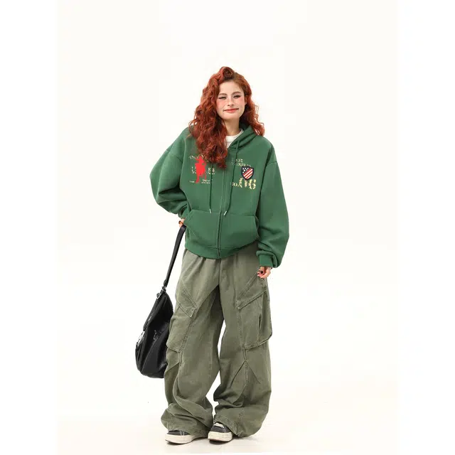 木木兔 潮流时尚秋季外套  情侣装 宽松美式复古字母连帽开衫卫衣 女款