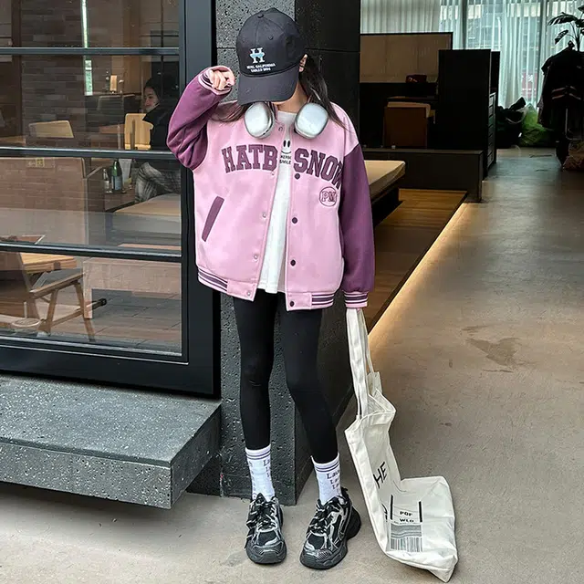 木木兔 棒球服 青春时尚女童外套学院风 宽松舒适 秋季简约百搭 拼色休闲运动字母 潮流洋气 青少年