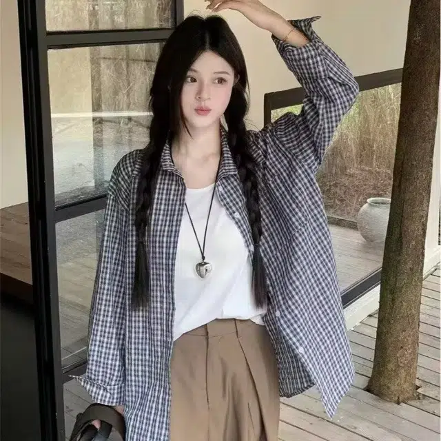 木木兔 潮流时尚  秋季外套  大码情侣装 休闲宽松 日常穿搭 格子春秋衬衣高级感上衣衬衫  男女同款