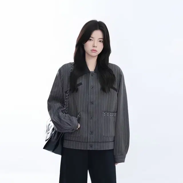 木木兔  潮流时尚秋季女装外套 情侣款 老钱风美式条纹铆钉翻领街头复古高级感宽松西装夹克 男女同款