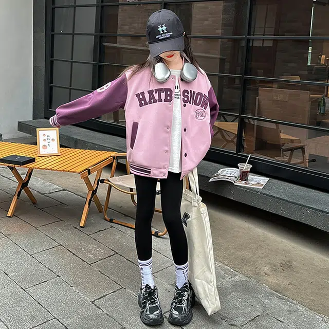木木兔 棒球服 青春时尚女童外套学院风 宽松舒适 秋季简约百搭 拼色休闲运动字母 潮流洋气 青少年