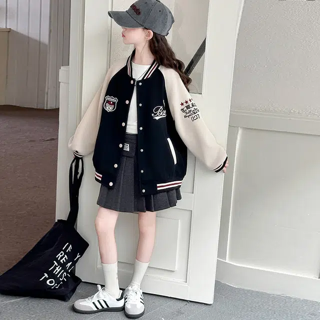 木木兔棒球服 青春潮流时尚女大童外套 潮范学院风宽松舒适秋季简约百搭休闲运动字母洋气 儿童款