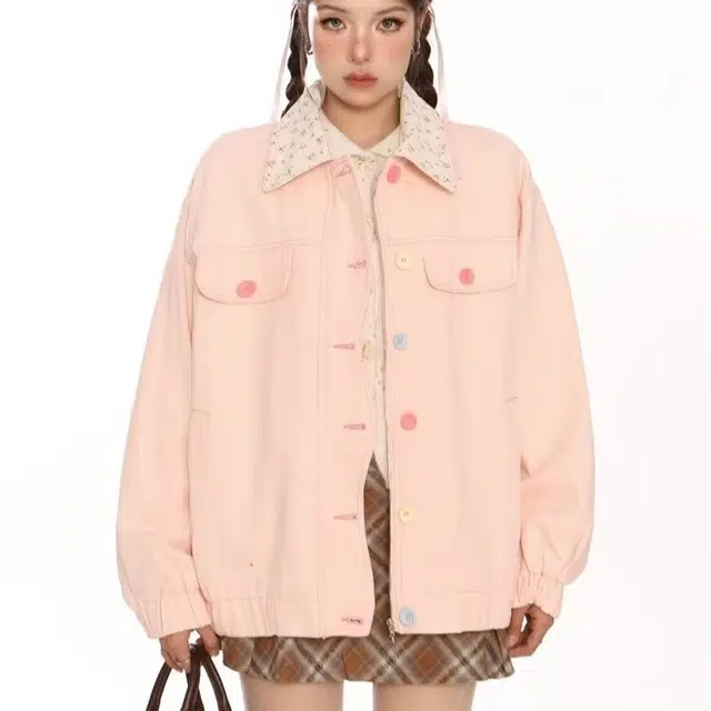 木木兔 潮流时尚秋季女装 小碎花翻领设计感彩色扣宽松百搭夹克上衣牛仔外套 女款