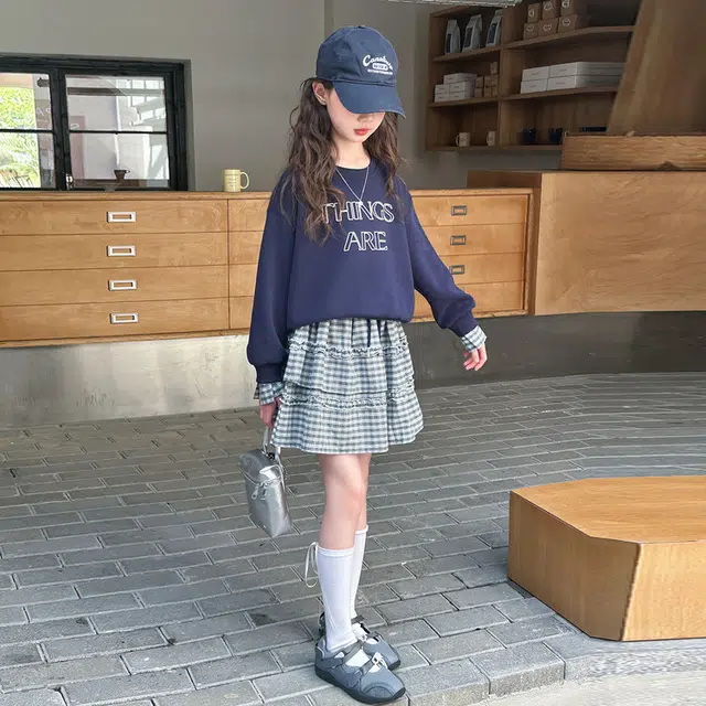 儿童款 木木兔裙装套装 时髦洋气秋季女童裙子 大童 学院风甜美格子裙两件套 柔软百搭潮流青春时尚