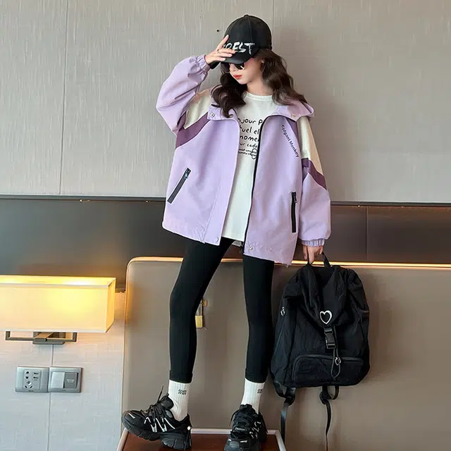 木木兔夹克 潮流时尚女童秋季外套 学生百搭休闲 三色拼接 宽松连帽 帅气 中大童 女孩 时髦洋气 青少年