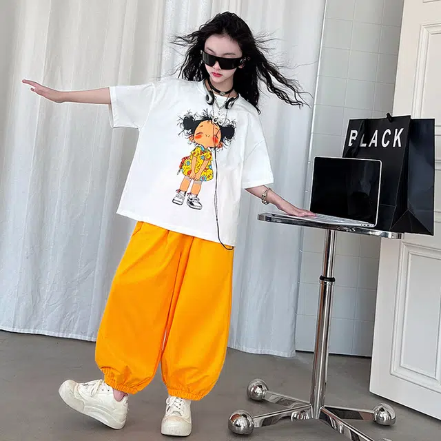 木木兔休闲运动套装 时髦洋气夏季潮流时尚女孩美式宽松舒适中大童灯笼裤两件套