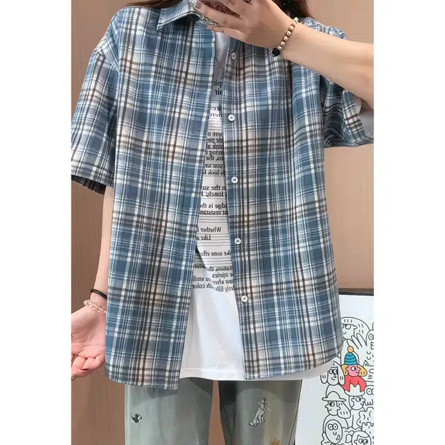 【dme】 百搭港风大码宽松格子休闲青少年个性舒适短袖衬衫 男女同款