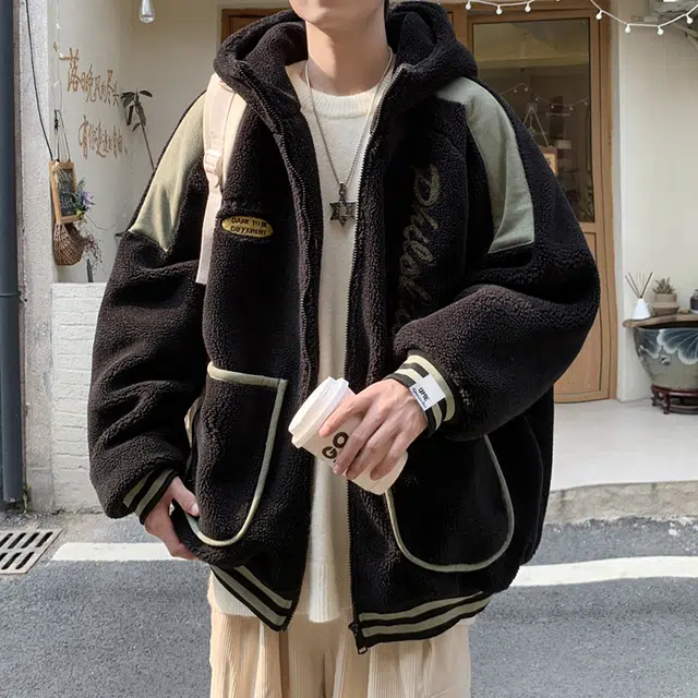 【dme】 潮牌港风大码宽松毛绒内里加厚棉衣外套男冬季保暖舒适情侣款休闲连帽加绒棉服 男女同款