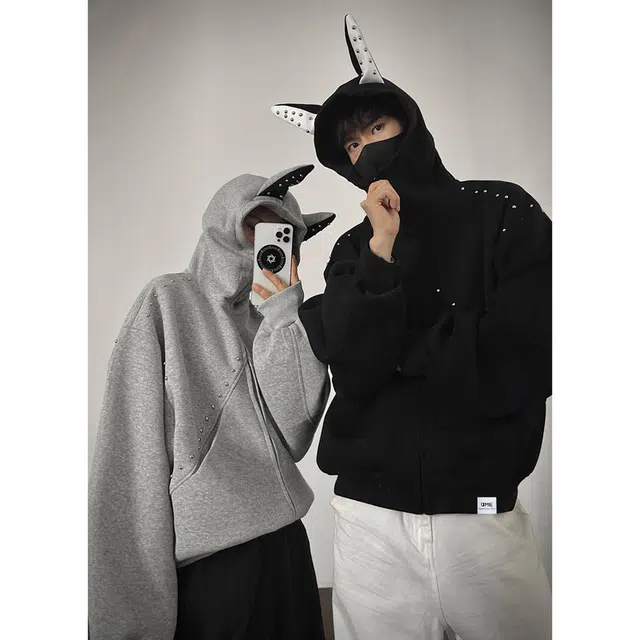 【dme】 复古美式重磅拼接铆钉杜宾耳朵连帽中性情侣外套秋款时尚休闲宽松开衫卫衣 男女同款