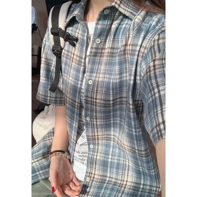 【dme】 百搭港风大码宽松格子休闲青少年个性舒适短袖衬衫 男女同款