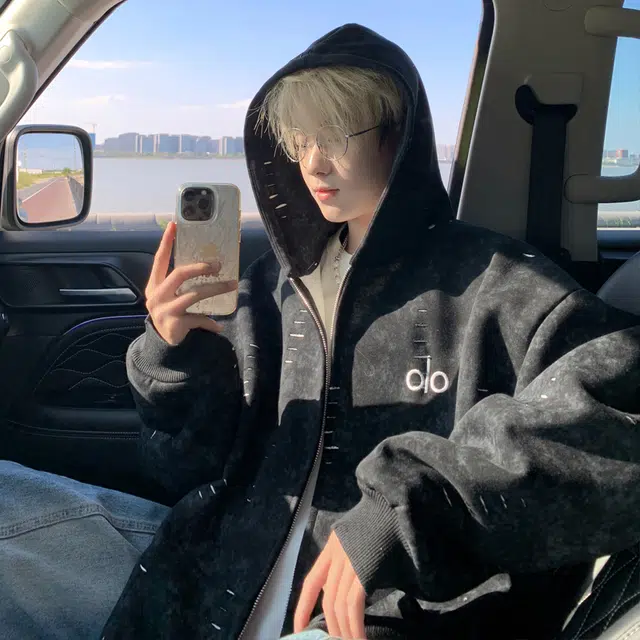 【dme】 潮牌复古美式重磅宽松设计刺绣磨破连帽外套男秋款时尚情侣百搭中性休闲卫衣帽衫 男女同款