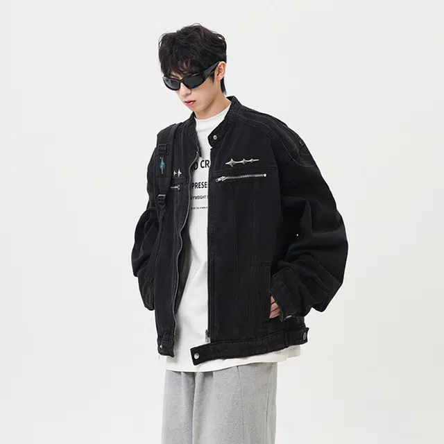 【dme】 复古美式高级感潮流时尚金属装饰百搭宽松短款中性风休闲牛仔外套 男女同款
