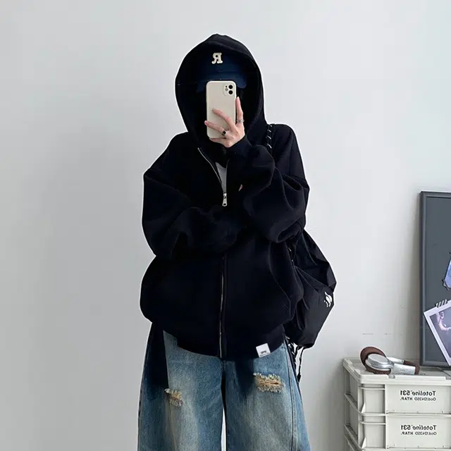 【dme】 美式高街重磅结构简约基础款连帽开衫上衣男秋款宽松情侣拉链休闲卫衣外套 男女同款