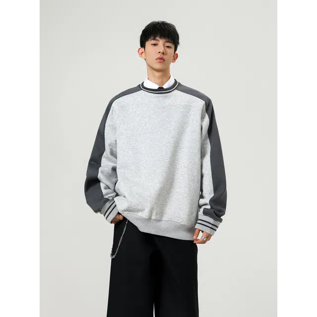 【dme】 美式复古拼接撞色上衣服秋季潮牌百搭宽松休闲套头圆领卫衣 男女同款