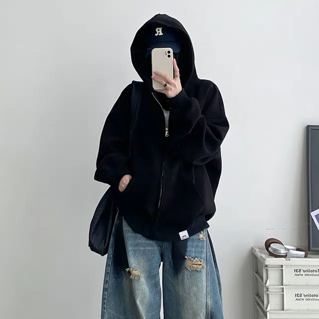 【dme】 美式高街重磅结构简约基础款连帽开衫上衣男秋款宽松情侣拉链休闲卫衣外套 男女同款