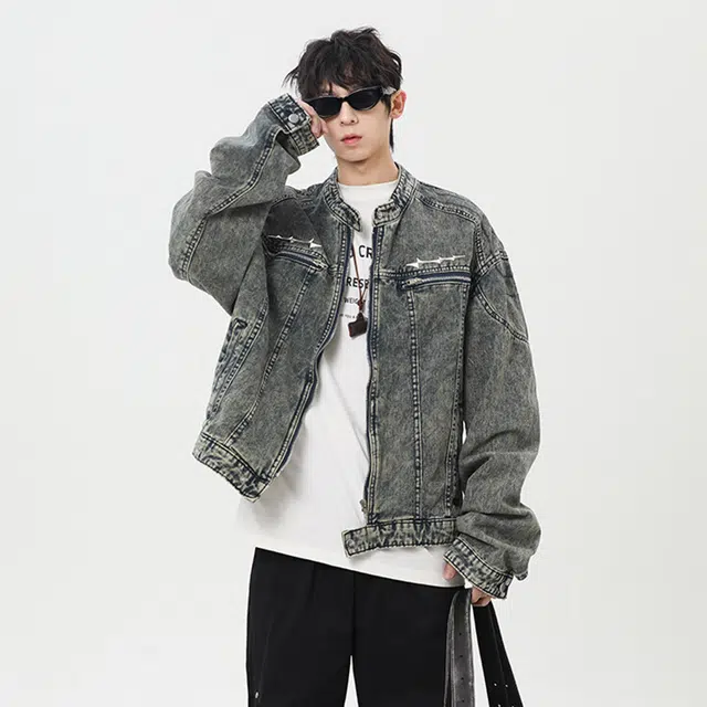 【dme】 复古美式高级感潮流时尚金属装饰百搭宽松短款中性风休闲牛仔外套 男女同款