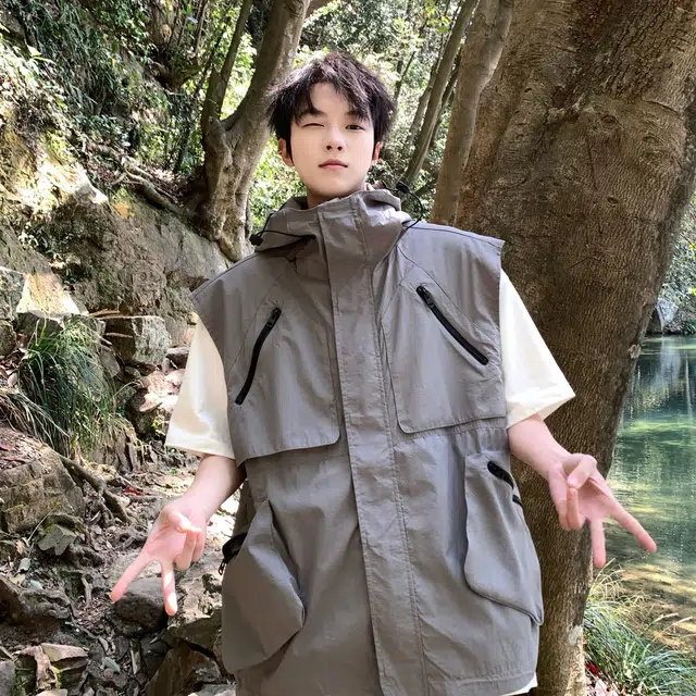 【dme】 日系机能多口袋连帽户外工装透气宽松百搭外套背心 男女同款