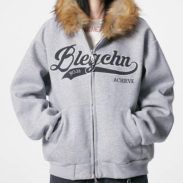 【dme】 美式复古字母刺绣印花毛领连帽开衫潮流宽松休闲百搭上衣卫衣 男女同款