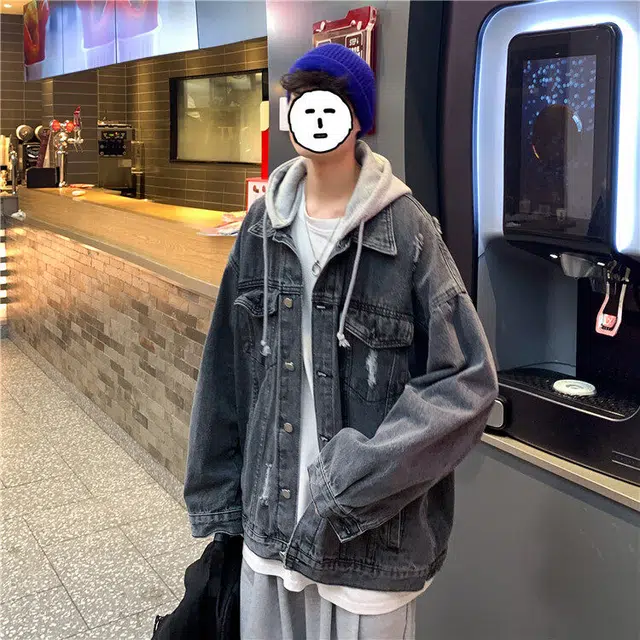 【dme】 潮牌港风设计感破洞连帽上衣夹克大码宽松情侣款高品质卡通学生复古美式水洗百搭休闲牛仔外套 男女同款