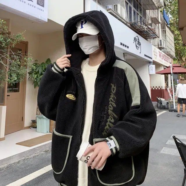 【dme】 潮牌港风大码宽松毛绒内里加厚棉衣外套男冬季保暖舒适情侣款休闲连帽加绒棉服 男女同款