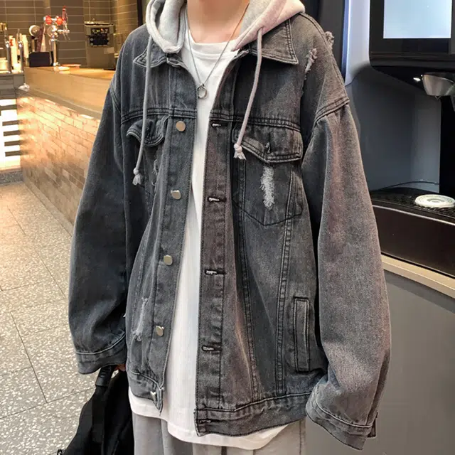 【dme】 潮牌港风设计感破洞连帽上衣夹克大码宽松情侣款高品质卡通学生复古美式水洗百搭休闲牛仔外套 男女同款