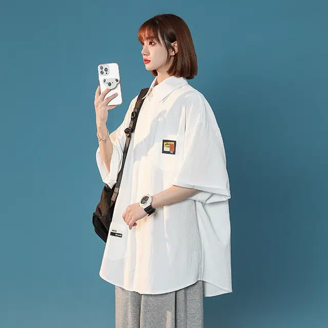 沐诚阳译 美式潮牌宽松百搭情侣短袖衣衬衫 男女同款