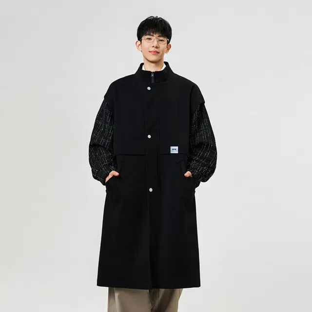 【dme】 时尚设计小香风假两件拼接毛呢大衣男款春秋潮流气质宽松立领风衣外套 男女同款